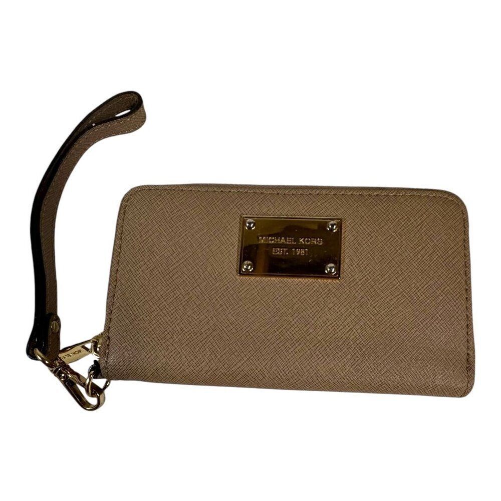 Michael Kors Jet Set Travel Large Leather Wristlet Wallet In Beige Brown 6"